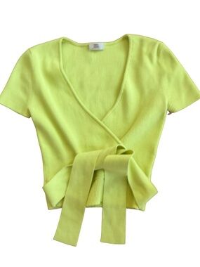 Aritzia Little Moon XS Chartreuse Rib Knit Wrap Crop Top Tie Waist